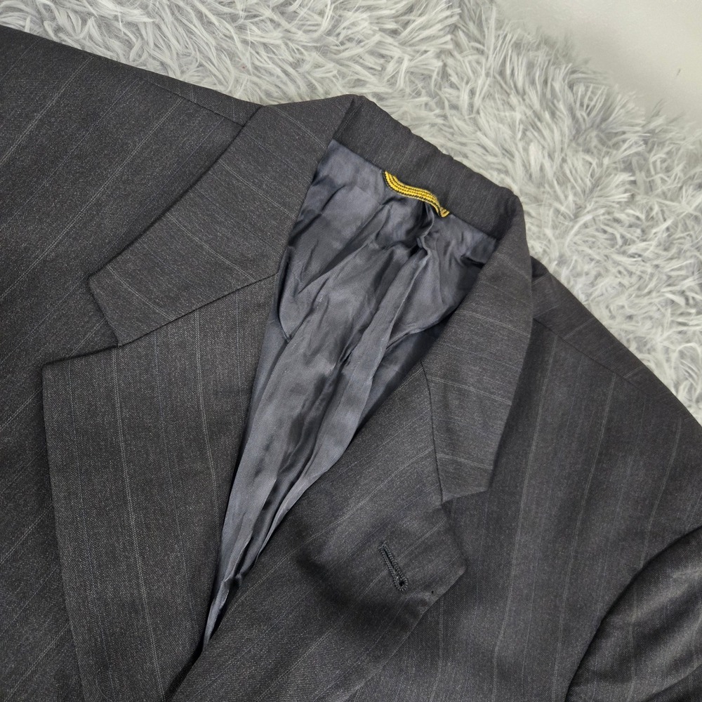 Hart Schaffner Marx Blazer Mens 44R Charcoal Grey Pinstripe Gold Trumpeter Wool